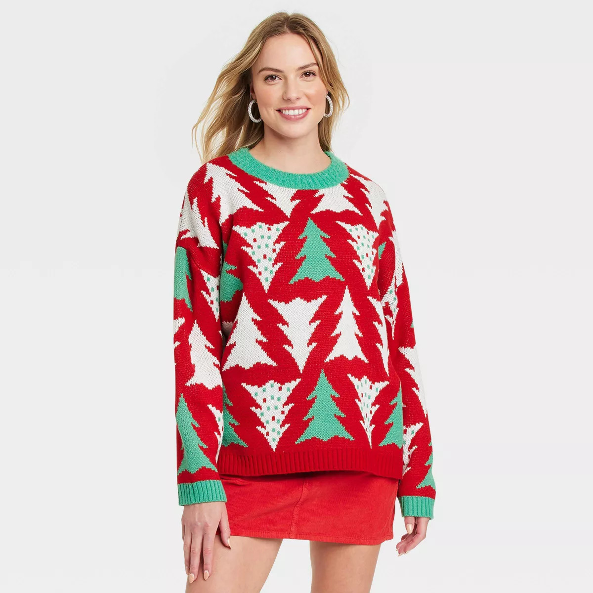 Women's Christmas Tree Print Oversized Festive Graphic Sweater - Red | Target