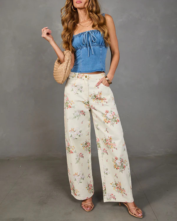 Sunlit Petals Rigid Mid Rise Wide Leg Floral Jeans | VICI