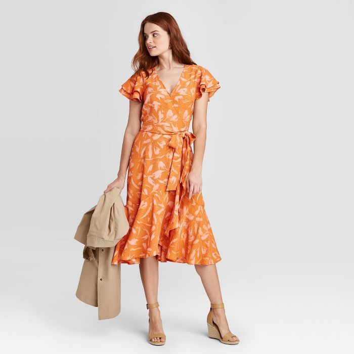 Women's Floral Print Ruffle Short Sleeve Wrap Dress - A New Day™ Orange | Target