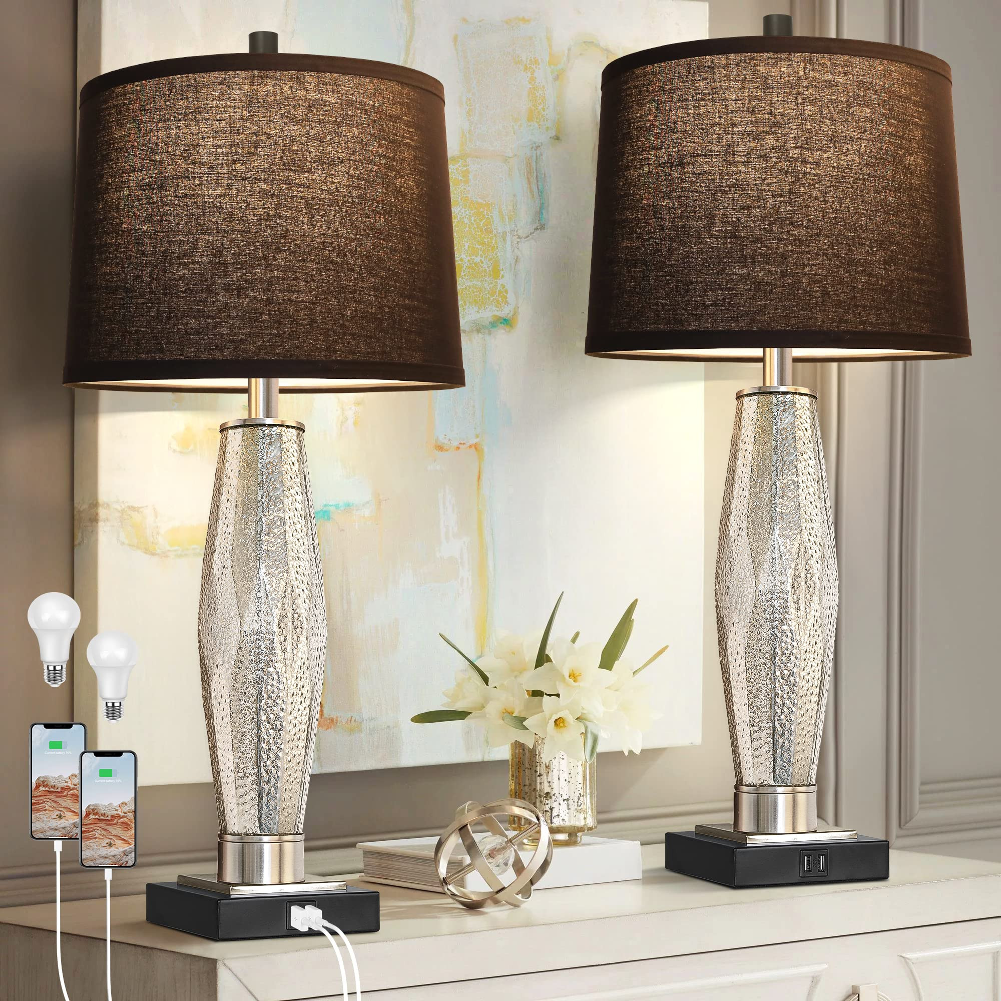 QiMH Table Lamps Set of 2, Bedroom Lamp with Dual USB Charging Ports, Modern Glass Beside Lamps f... | Amazon (US)