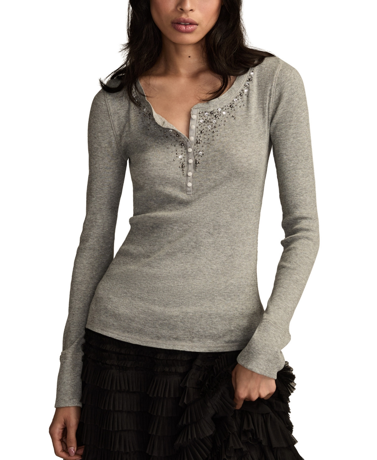 Lucky Brand Women's Embellished Long-Sleeve Henley Top - Heather Grey | Macy's