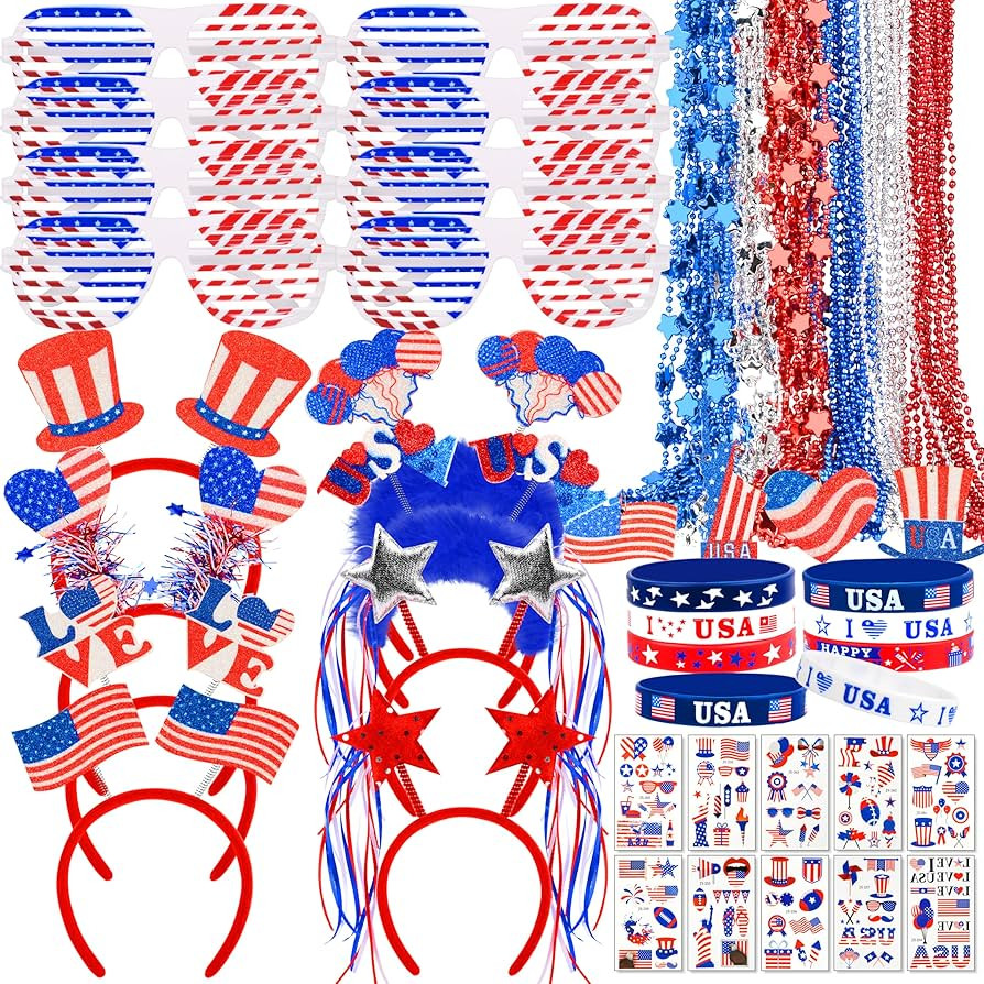148 Pcs 4th of July Patriotic Accessories for kids Including Glasses Necklaces Headbands Bracelet... | Amazon (US)