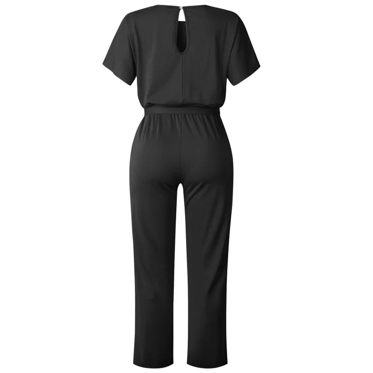 Short Sleeve Playsuit for Women Plus Size Wrap Drawstring Tie Jumpsuit Long Pants Romper Casual T... | Walmart (US)