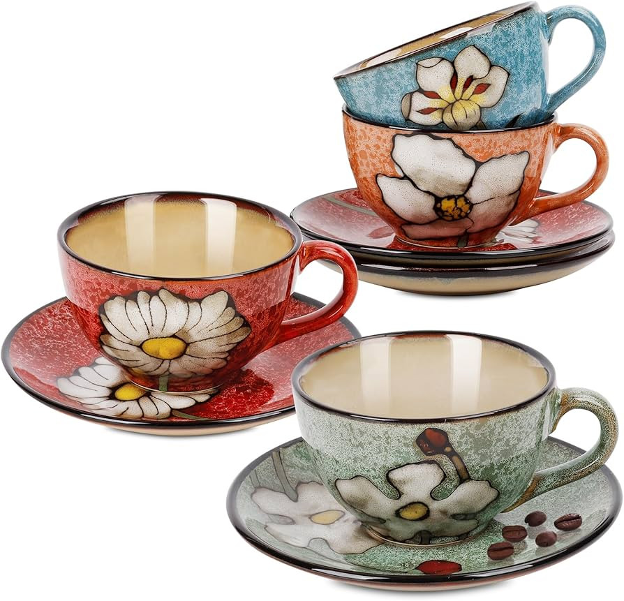 Cappuccino Cups Set of 4, 8 Oz Ceramic Coffee Cups with Saucers for Espresso, Tea, Latte \u2013 H... | Amazon (US)