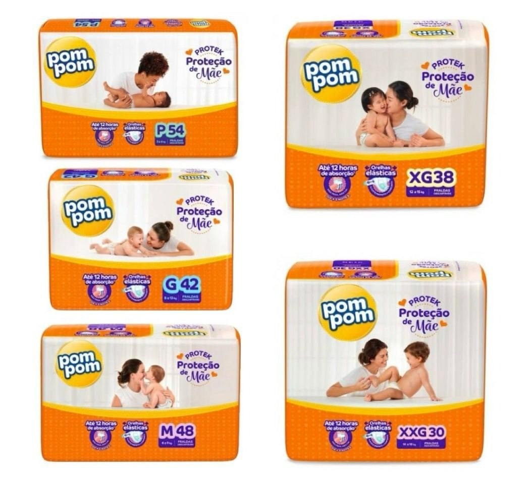 *Fralda Pom Pom Protek* R$ 33,53 cadaComprando 2 ou maisP 54 unidades (0,62 a tira)M 48 unidades (0,69 a tira)G 42 unidades (0,80 a tira)XG 38 unidades (0,88 a tira)XXG 30 unidades (1,12 a tira)HOJEConsulte disponibilidade para sua região

