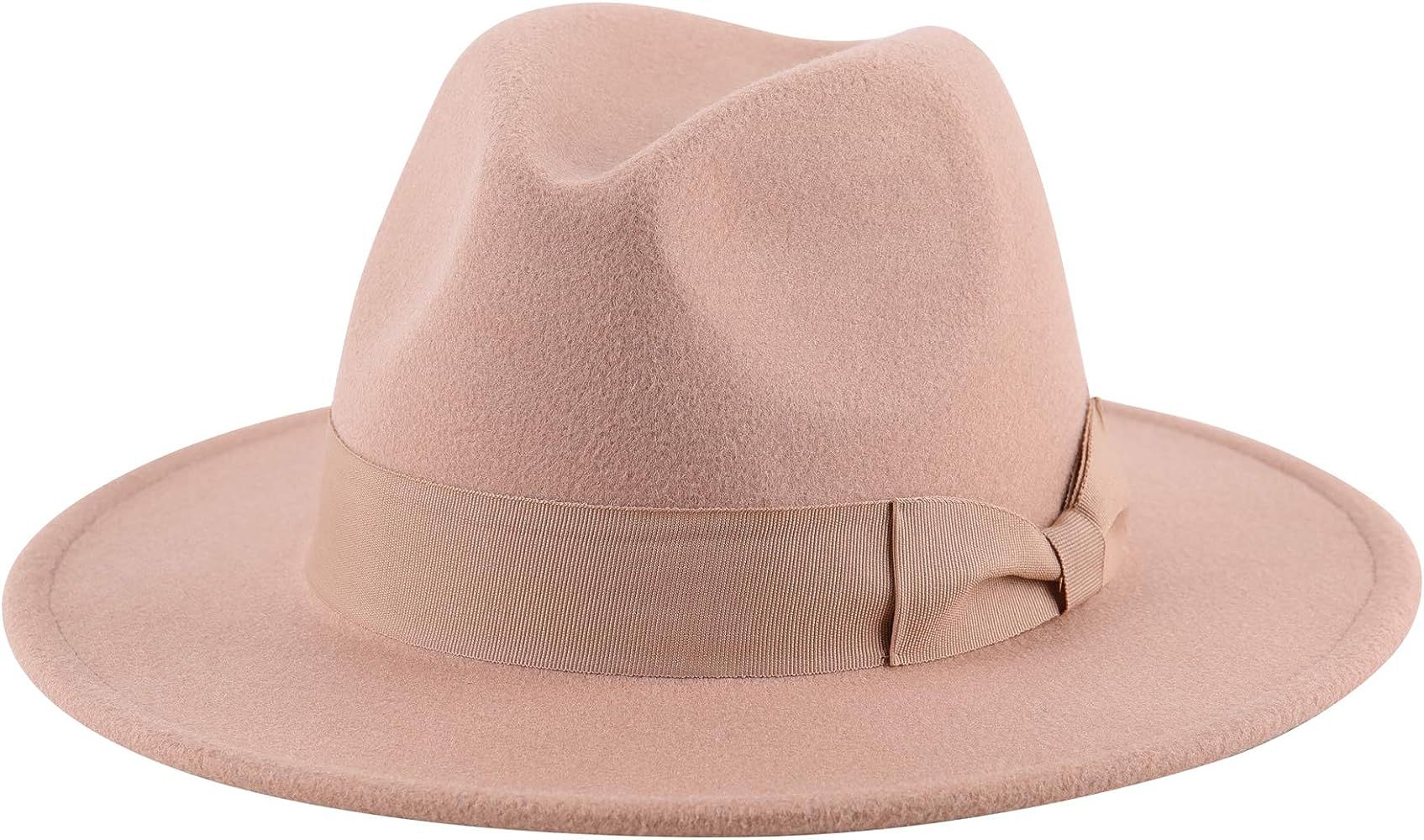 Women Wide Brim Warm Wool Fedora Hat Retro Style Belt Panama Hat | Amazon (US)