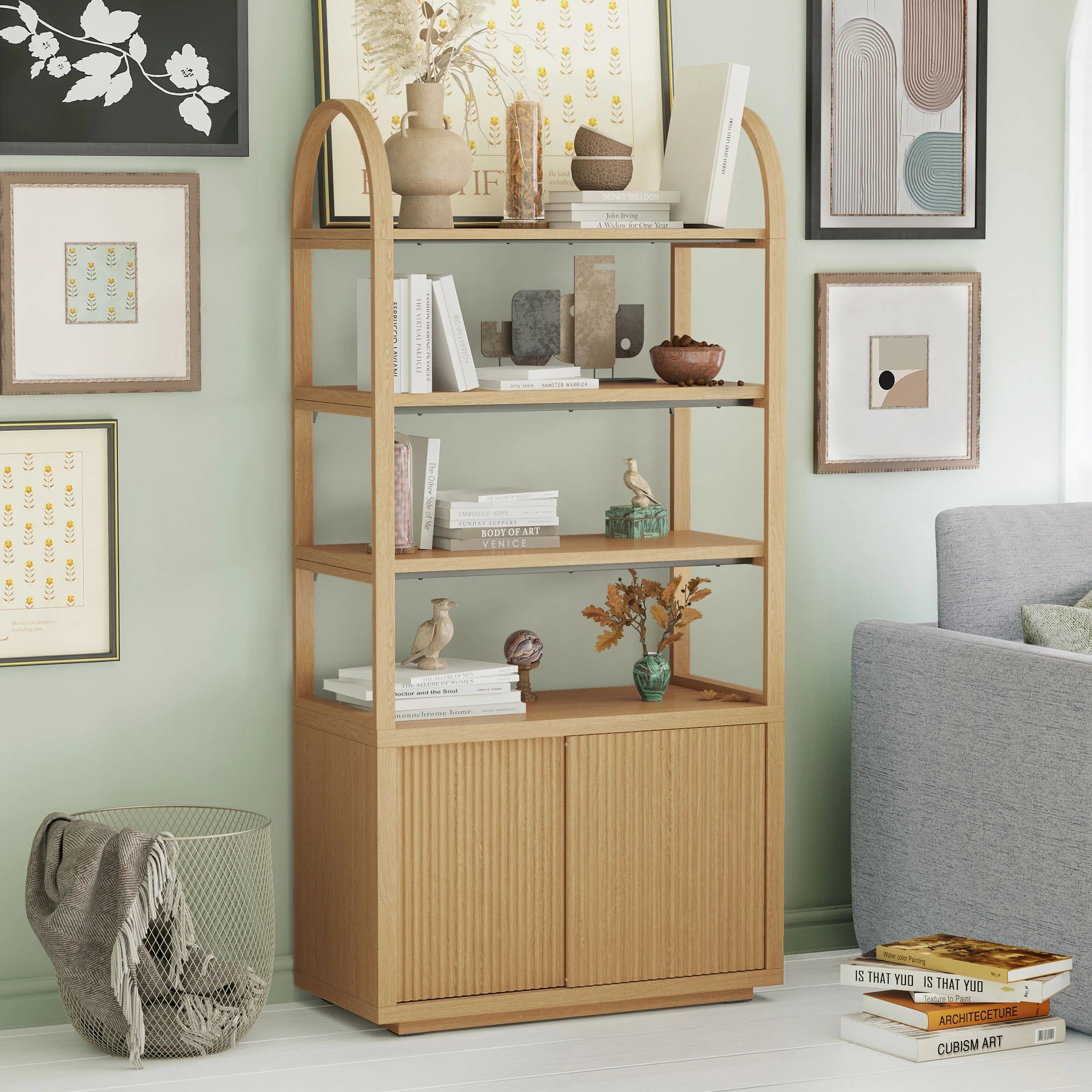 Beautiful Fluted 3-Shelf Bookcase with Storage Cabinet by Drew Barrymore, Light Honey Wood Finish... | Walmart (US)
