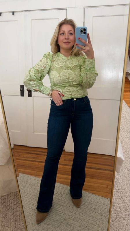Green Lace Top 
Meant to fit oversized, but I didn’t love how the oversized look actually looked on my frame and chose to size down from a small to an xxs 

Jeans fit TTS wearing a size 

#LTKfindsunder100 #LTKSeasonal #LTKMostLoved