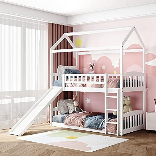 Twin Over Twin Bunk Beds with Slide for Kids Toddlers, House Shape Wooden Bunk Bed Frame with Roo... | Amazon (US)