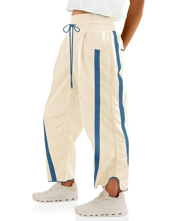 Amazon.com: Fisoew Women's Baggy Wide Leg Pants Casual Drawstring Elastic Waisted Contrast Color ... | Amazon (US)