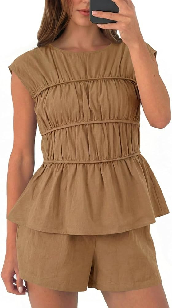 Tankaneo Womens Summer Smocked 2 Piece Short Sets Cap Sleeve Babydoll Peplum Blouse Casual Matchi... | Amazon (US)
