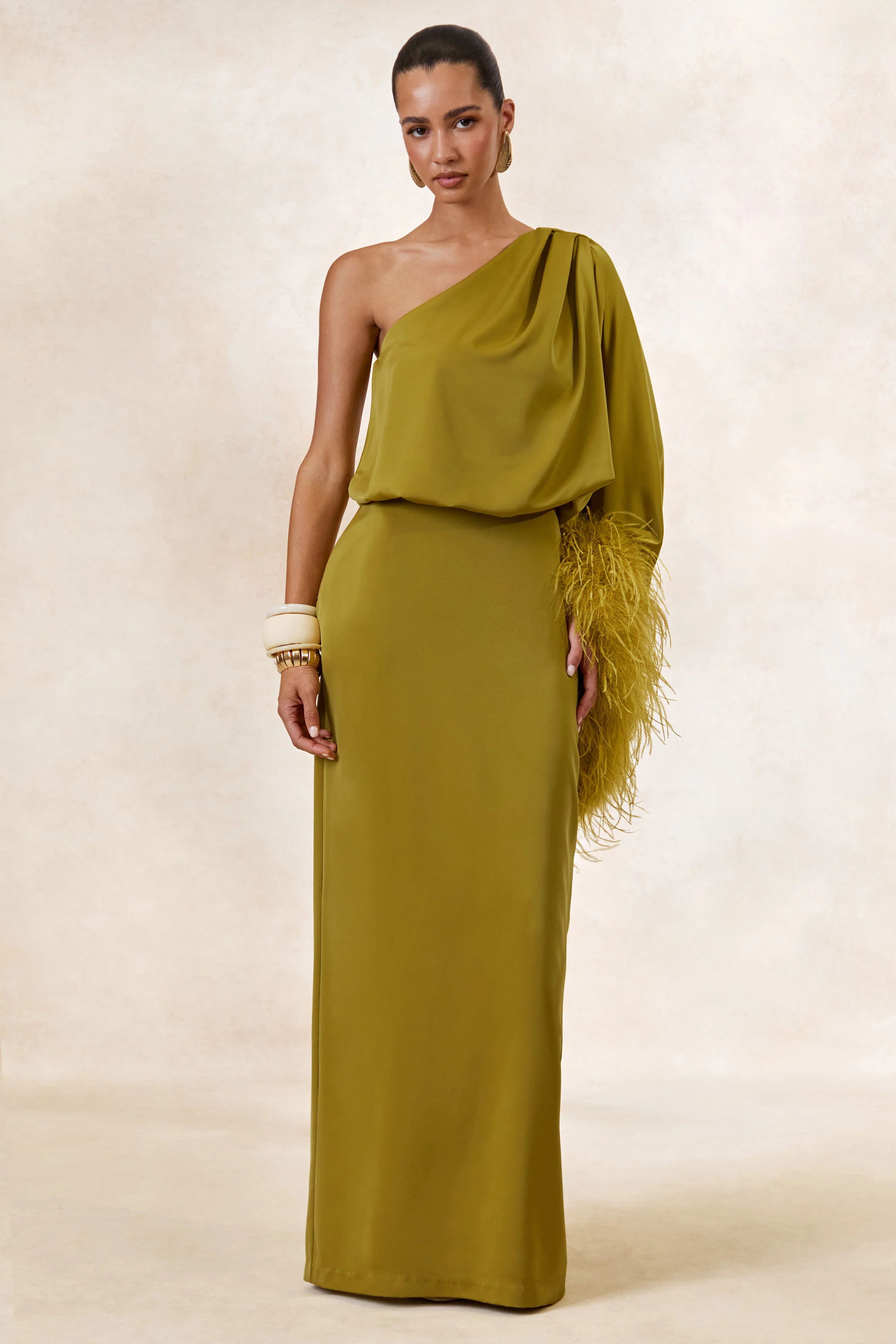 Felicity | Olive Satin Asymmetric-Neck Maxi Dress With Feather Detailing | Club L London