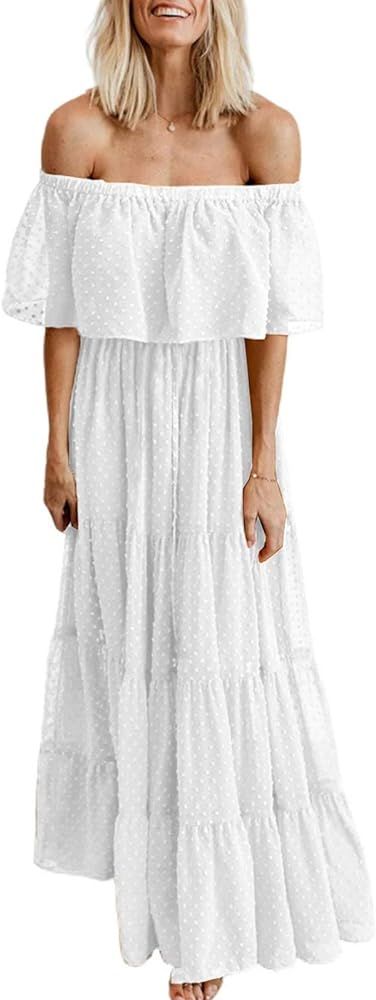 ETCYY Women's Off The Shoulder Ruffles Summer Loose Casual Chiffon Long Party Beach Maxi Dress ... | Amazon (US)