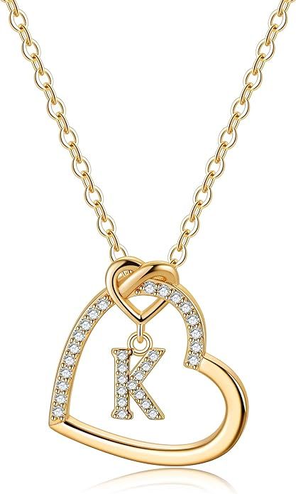 CZ Heart Pendant Initial Necklaces, 14K Gold Filled Heart Initial Necklaces for Teen Girls Women,... | Amazon (US)