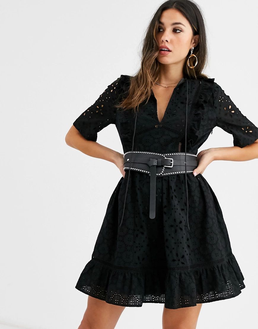 ASOS DESIGN broderie ruffle front mini dress with belt in black | ASOS (Global)