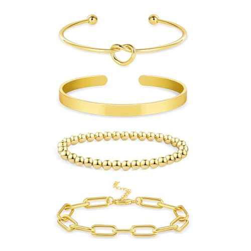 BOUTIQUELOVIN Gold Bracelets for Women Trendy Stack 14K Gold Bangle Cuff Bracelet Set Gold Stackable Knot Beaded Paperclip Link Bangle Cuff Bracelets Jewelry Gifts | Amazon (US)