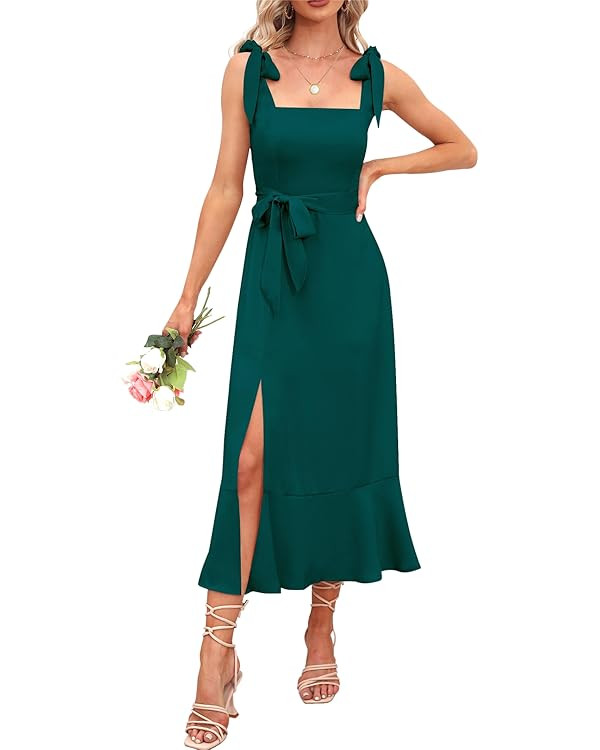 Women's 2024 Elegant Bridesmaid Dress Square Neck Ruffle Split Summer Wedding Guest Cocktail Part... | Amazon (US)