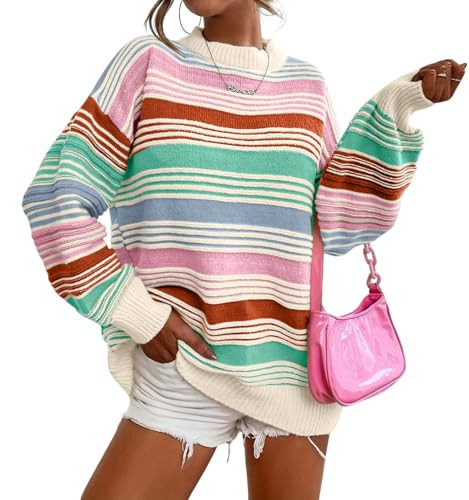 CHARTOU Women Contrast Striped Pullover Sweater 2025 Fall Outfits Oversized Knit Jumper Tops | Amazon (US)