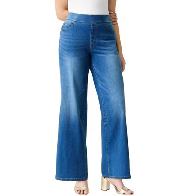 Roaman's Petite Plus Size 360° Stretch Wide Leg Jean - 42 WP, Medium Stonewash | Target