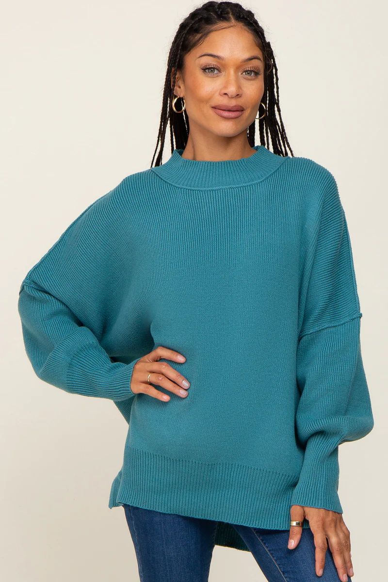 Teal Blue Mock Neck Exposed Seam Sweater | PinkBlush Maternity
