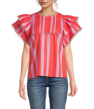 Sugarlips Azalea Stripe Print Crew Neck Short Sleeve Woven Top | Dillard's | Dillard's