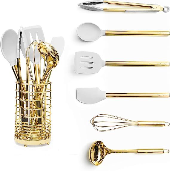 White Silicone and Gold Cooking Utensils Set with Holder- 7 PC Gold Kitchen Utensils Set Includes... | Amazon (US)