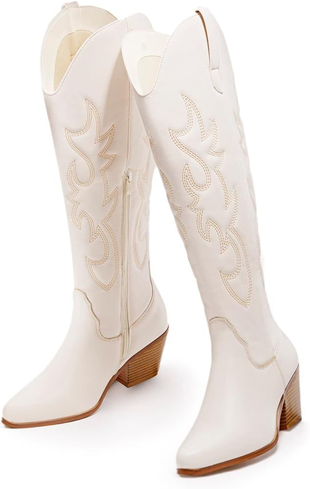 Women's Embroidered Cowboy Boots Western Cowgirl Booties Ladies Point Toe Knee High Boots | Amazon (US)
