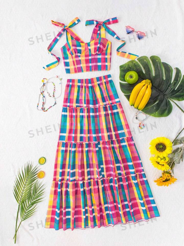 SHEIN VCAY Brazil Festa Junina Summer Women Outfits Multicolored Plaid Women's Beach Vacation Ruf... | SHEIN