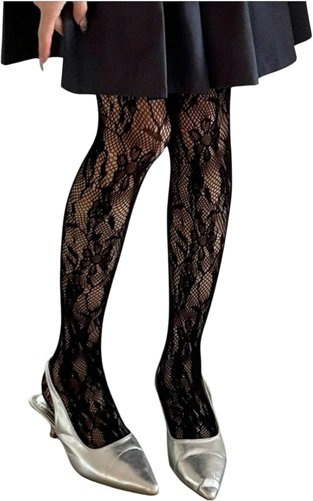 OYOANGLE Women's Lace Fishnet Tights Sheer Mesh Party Club Stocking See Through Pantyhose | Amazon (US)