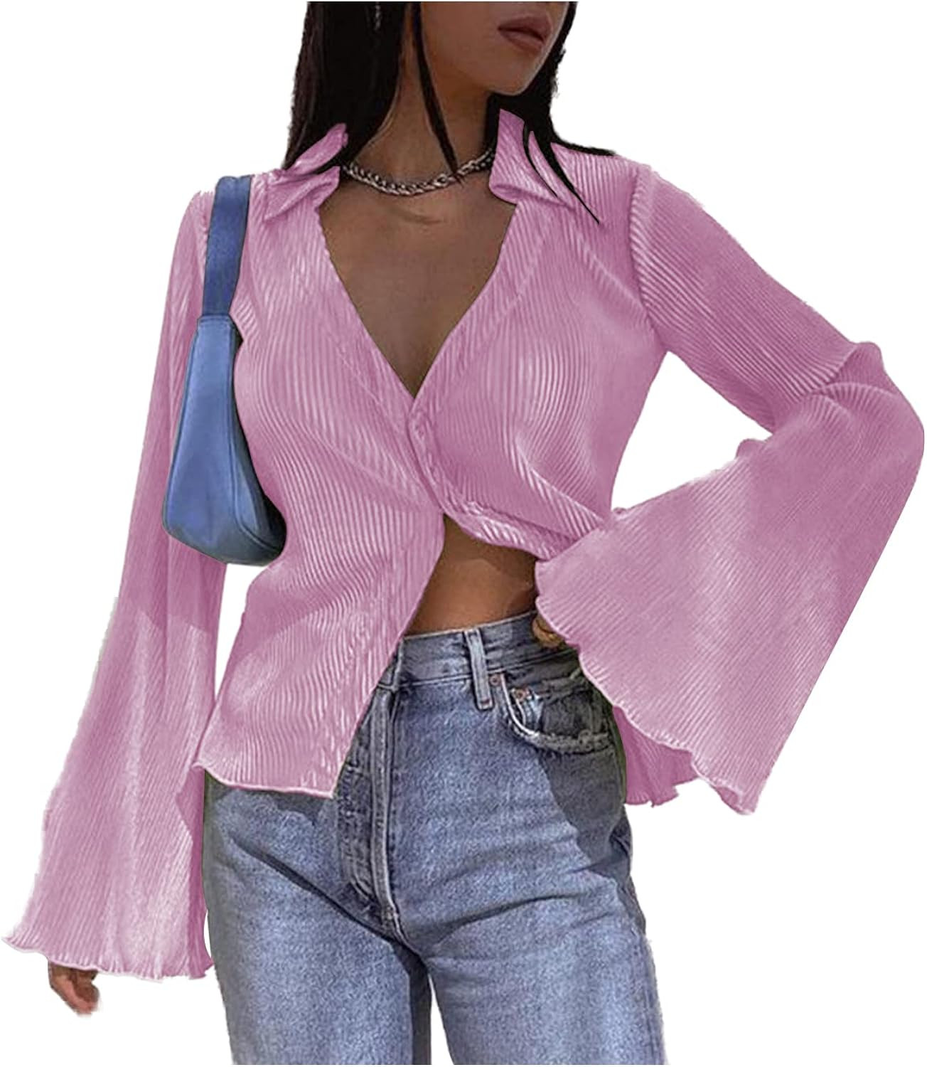 LYANER Women's Deep V Neck Button Front Bell Long Sleeve Blouse Shirt Top | Amazon (US)