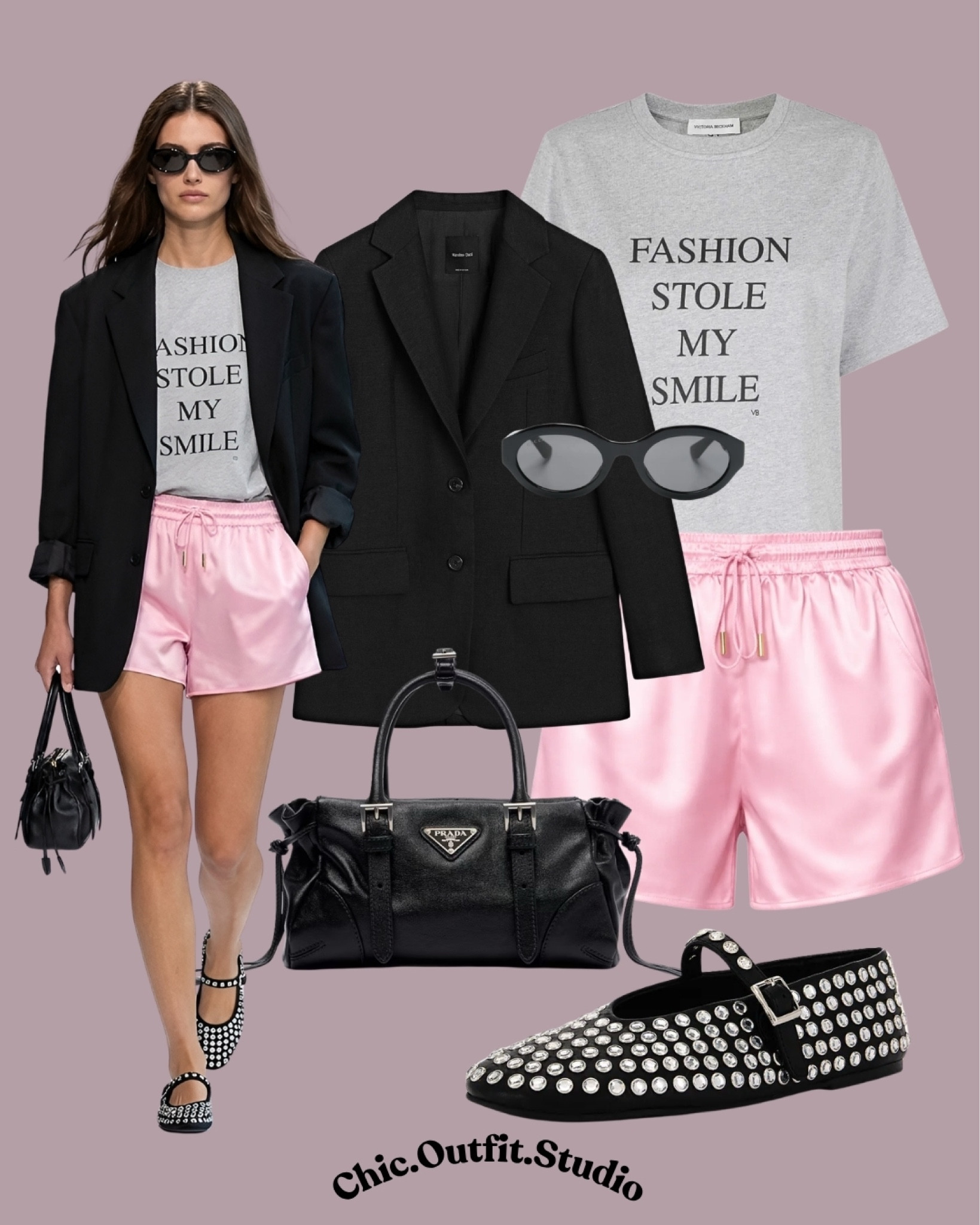 💫 Blazer & Satin Pink Shorts Street Style Look
💫A black oversized blazer paired with satin blush pink shorts and a graphic slogan tee creates a cool street style inspired spring-summer outfit that balances edgy and feminine perfectly. The contrast between tailored black pieces and soft satin shorts gives this look a modern fashion-forward aesthetic ideal for city styling, concerts, casual nights out, fashion week inspired outfits, or elevated off-duty dressing. Statement studded slides and oversized sunglasses complete the effortless cool-girl vibe.
💫Tags: blazer and shorts outfit, satin shorts outfit women, pink shorts street style, oversized blazer outfit, cool girl summer outfit, edgy feminine fashion, fashion week inspired look, elevated casual outfit, graphic tee outfit women, trendy summer styling, black blazer summer outfit, city chic outfit, modern minimalist fashion, luxury street style, casual night out outfit

#LTKsummer #LTKspring #LTKshoes
