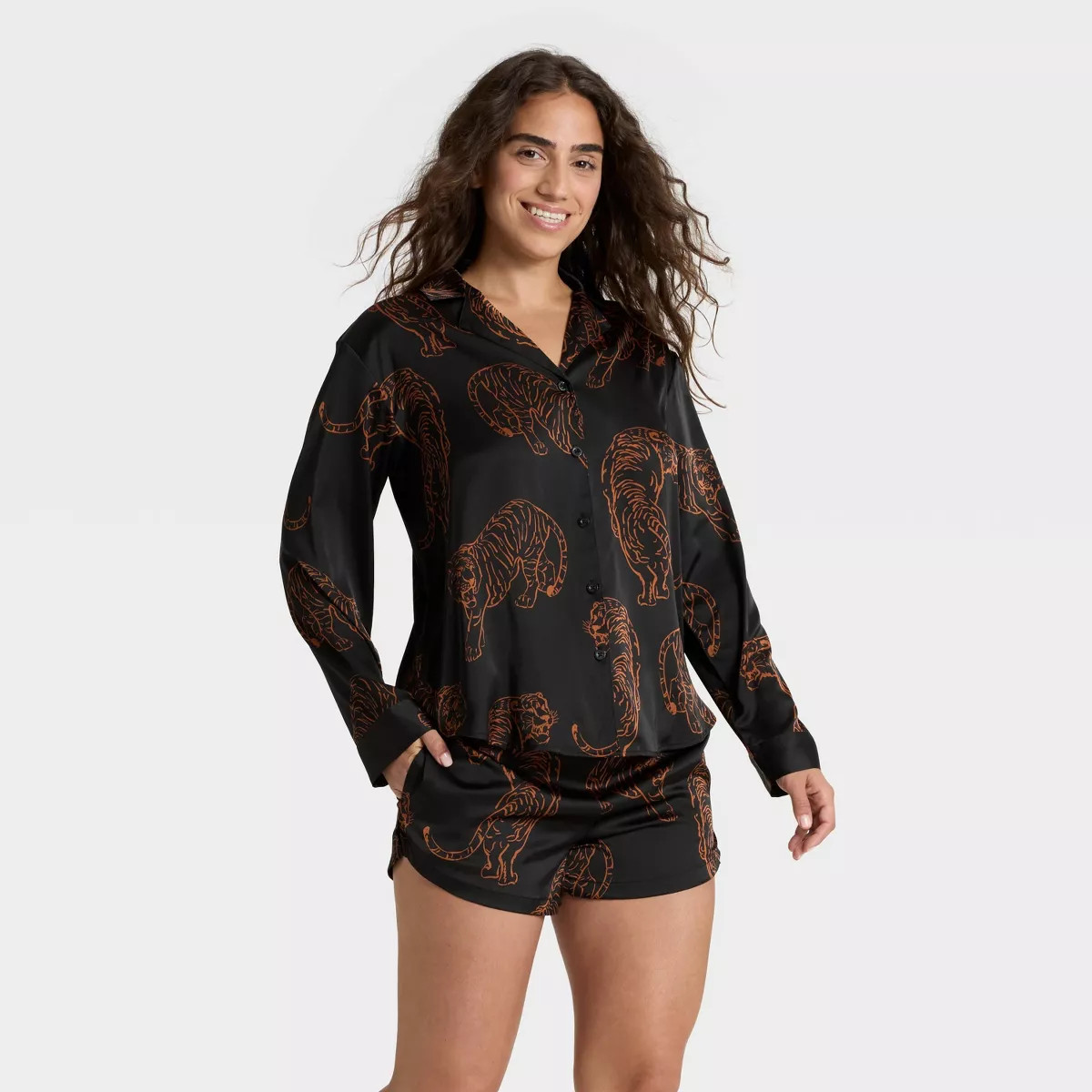 Women's Satin Notch Collar Long Sleeve Shirt and Shorts Pajama Set - Auden™ | Target