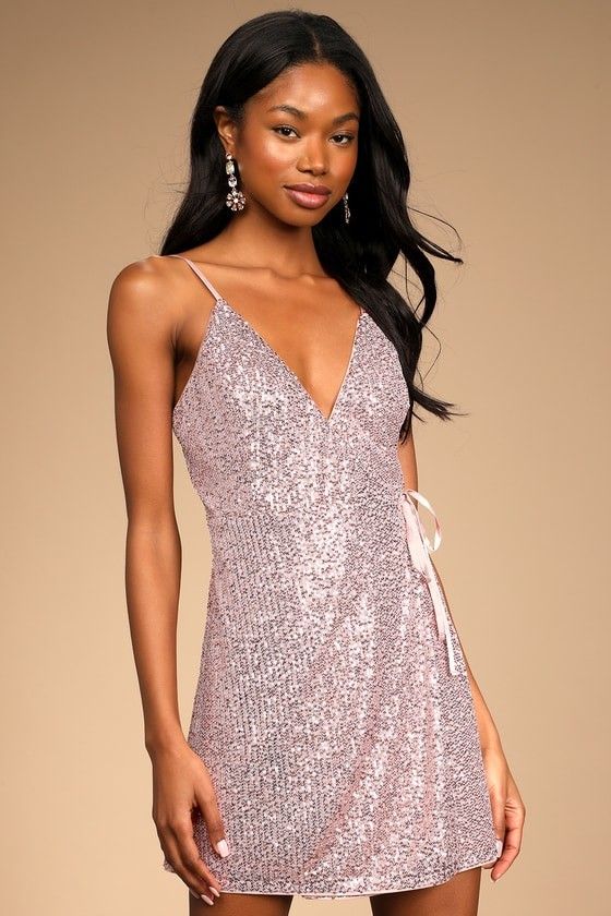 Light Pink Sequin Wrap Mini Dress Pink Dress Sequin Dress Wedding Guest Dress Party Dresses | Lulus (US)