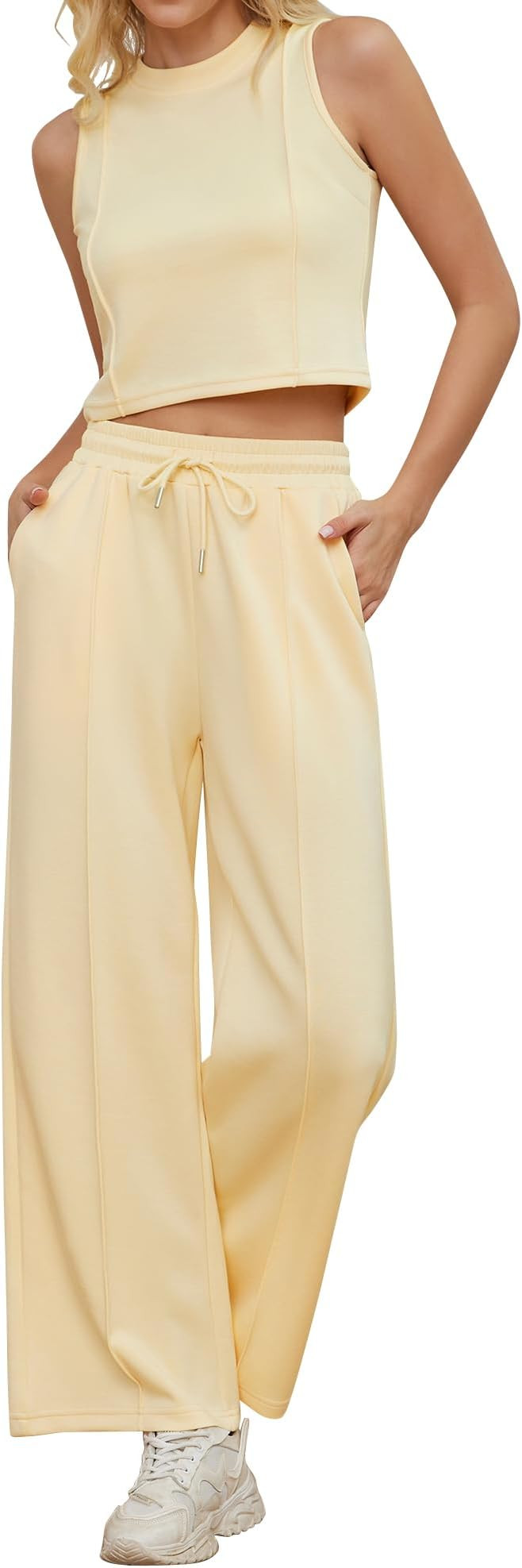 Women 2 Piece Outfits Ribbed Knit Crew Neck Sleeveless Cropped Tank Top Elastic Waist Wide Leg Pa... | Amazon (US)