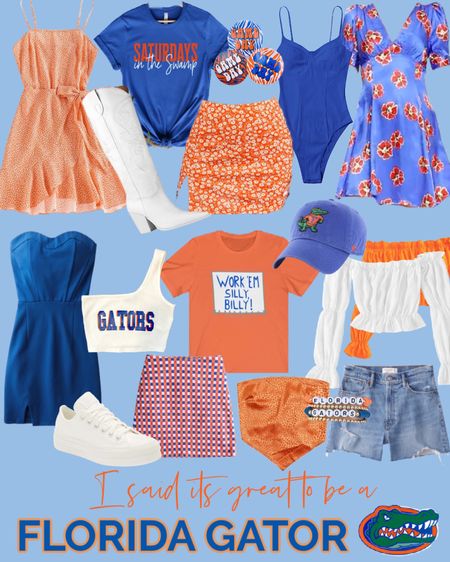Game day outfit inspiration. College game day. College football. University of Florida. Go gators. Full outfit. Tailgating. Orange dress. Blue dress. Orange and blue skirt. Orange skirt. Blue skirt. Denim shorts. Orange top. White top. Orange and blue. Orange and blue dress. Gators T-shirt. Football shirt. White sneakers. White western boots.￼

#LTKSeasonal #LTKU #LTKstyletip