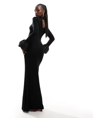 ASOS DESIGN – Langärmliges Midikleid in Schwarz mit bauschigen Bündchen | ASOS (Global)