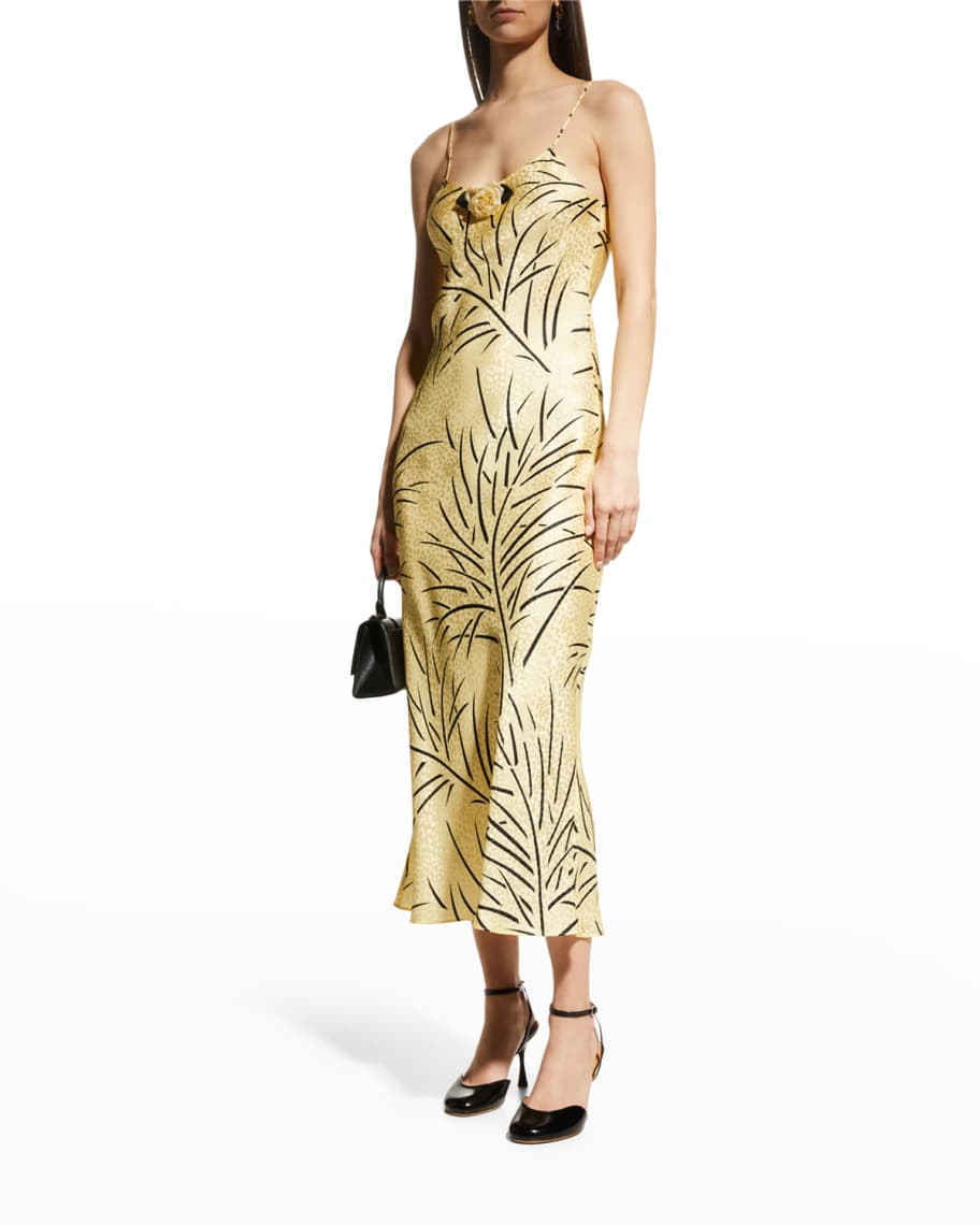 Rodarte Flower Applique Silk Jacquard Midi Slip Dress | Neiman Marcus