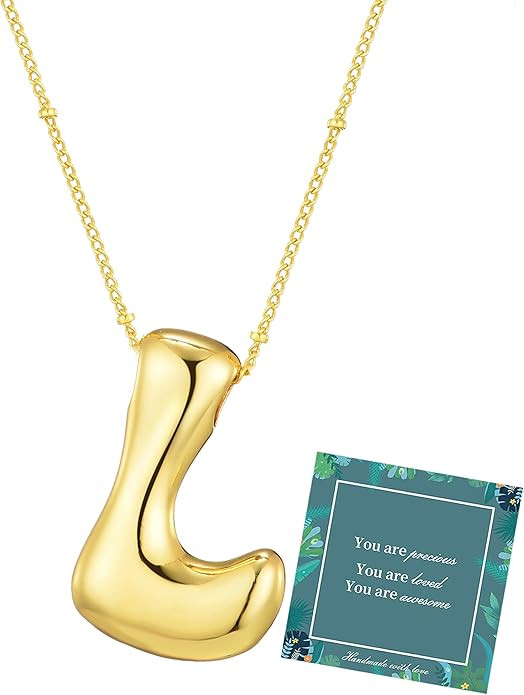 14K Gold Plated Bubble Letter Necklace 3D Initial Pendant with Beaded Chain Personalized Name Jew... | Amazon (US)