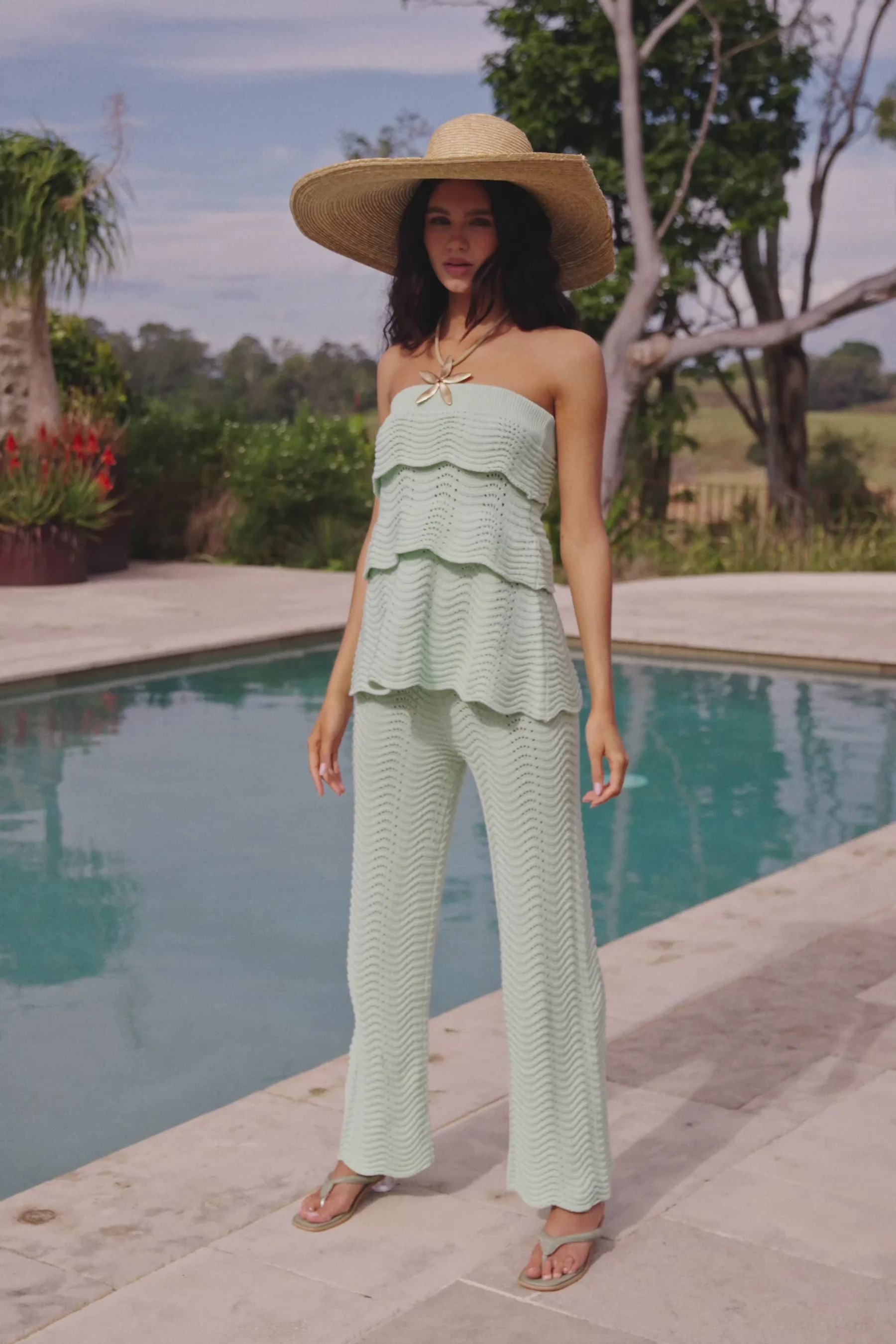 Mint Green Crochet Knit Strapless Panel Kama Top | Sabo Skirt US