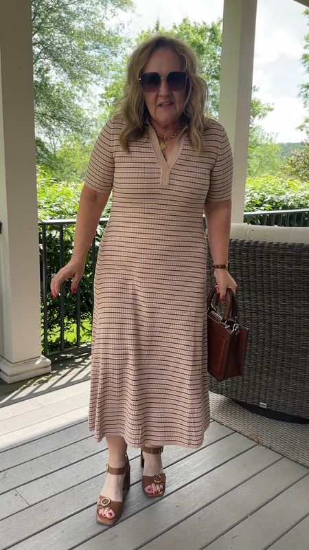 Loft ribbed knit polo dress. I order my larger size. An XL

WEARING A YUMMIE shaoewear tank in a large. Wow I’m surprised at the compression. 

Sandals tts. 

Loft Brighton brown sandals striped dress 

#LTKsalealert #LTKover40 #LTKmidsize
