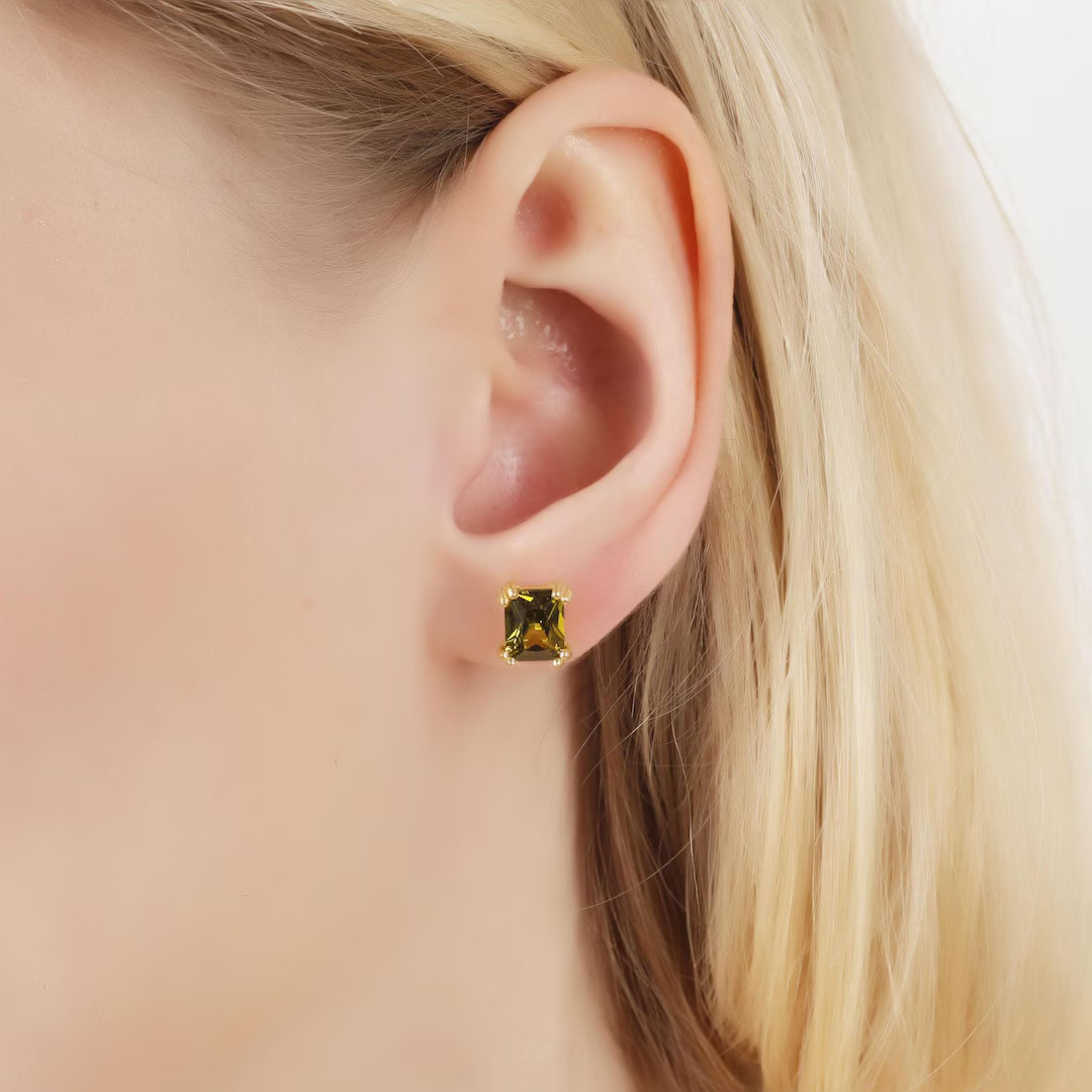 Peridot Radiant Cut Earrings, August Birthstone Earrings, Solid Gold Earrings, Minimalist Stud Ea... | Etsy (US)