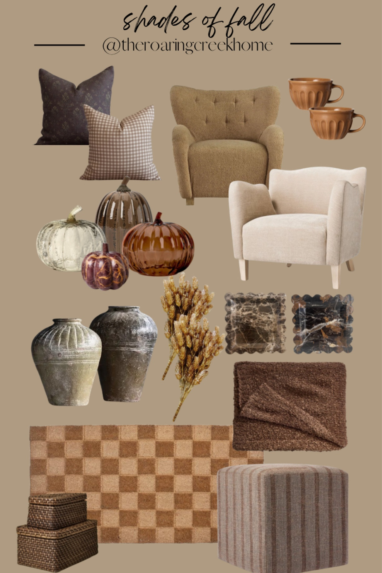 This board has a little bit of everything!! So many gorgeous shades of brown, rust, and gold for the fall season!! Cozy chairs, pillows, ottomans and throws - glass and marble pumpkins - unique stems, marble trays, beautiful pottery and woven textures all create a perfectly curated fall look!

#falldecor #fall #falldecorating #fallhome

#LTKHome #LTKSeasonal