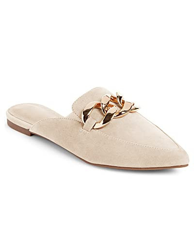 Juliet Holy Womens Mules Flats Pointed Toe Backless Loafers Slip on Metal Chain Slides Nude | Amazon (US)