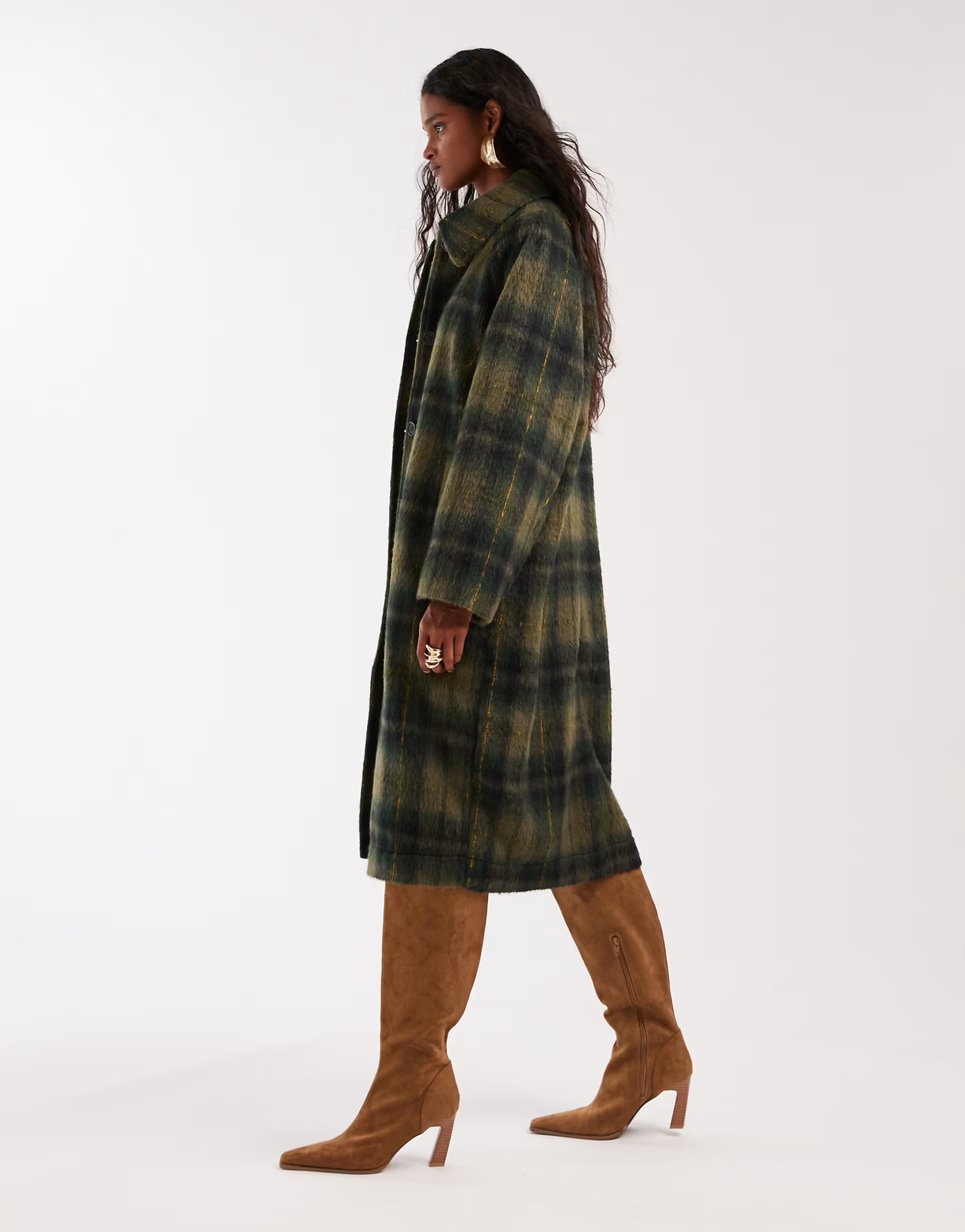 Noisy May brushed wool look maxi overcoat in dark green plaid | ASOS (Global)
