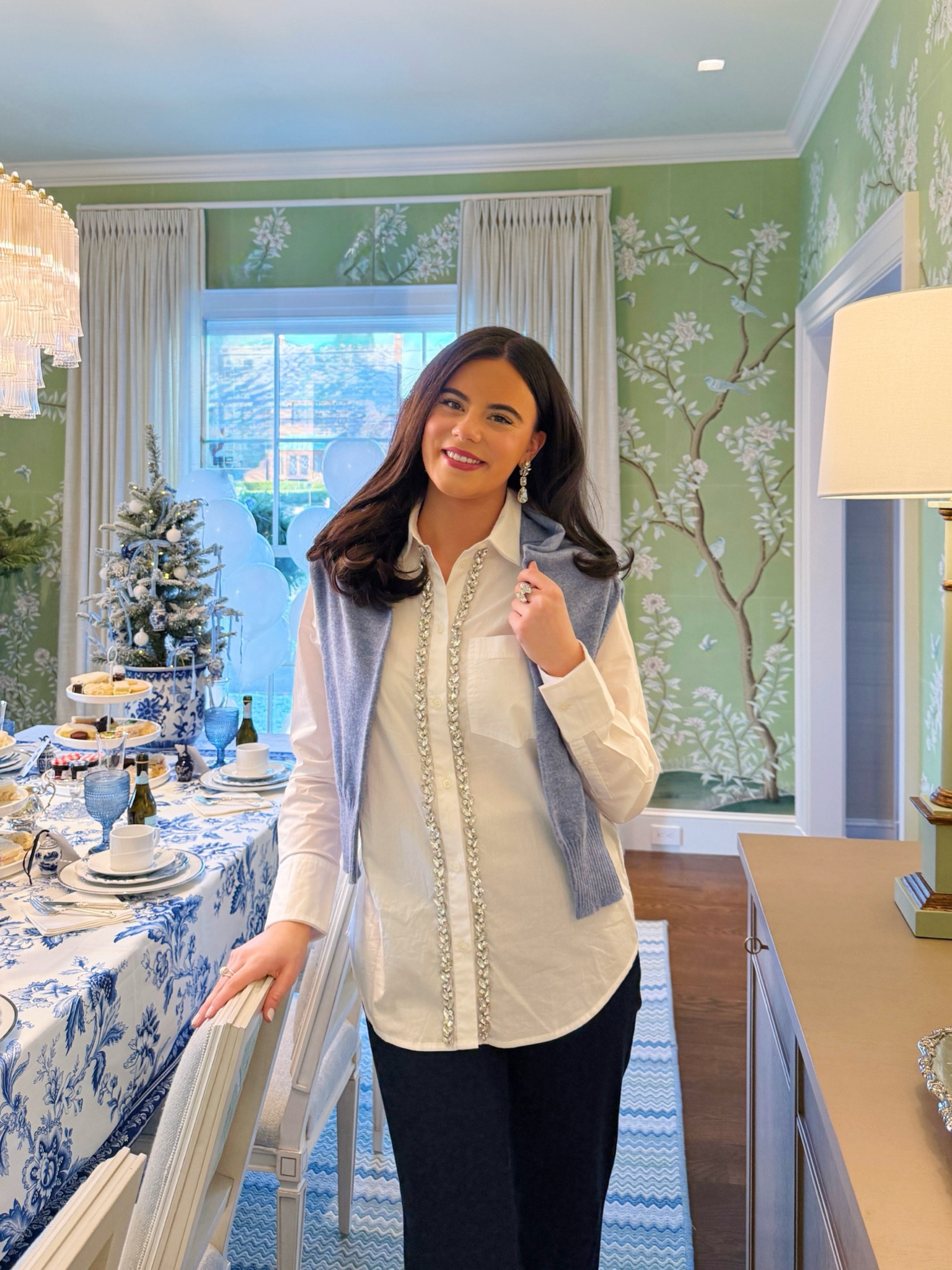 My outfit I wore to my sisters birthday tea party celebration! Head to toe J.Crew! We all dressed in blue and white to match the theme, and I love these new festive pieces!