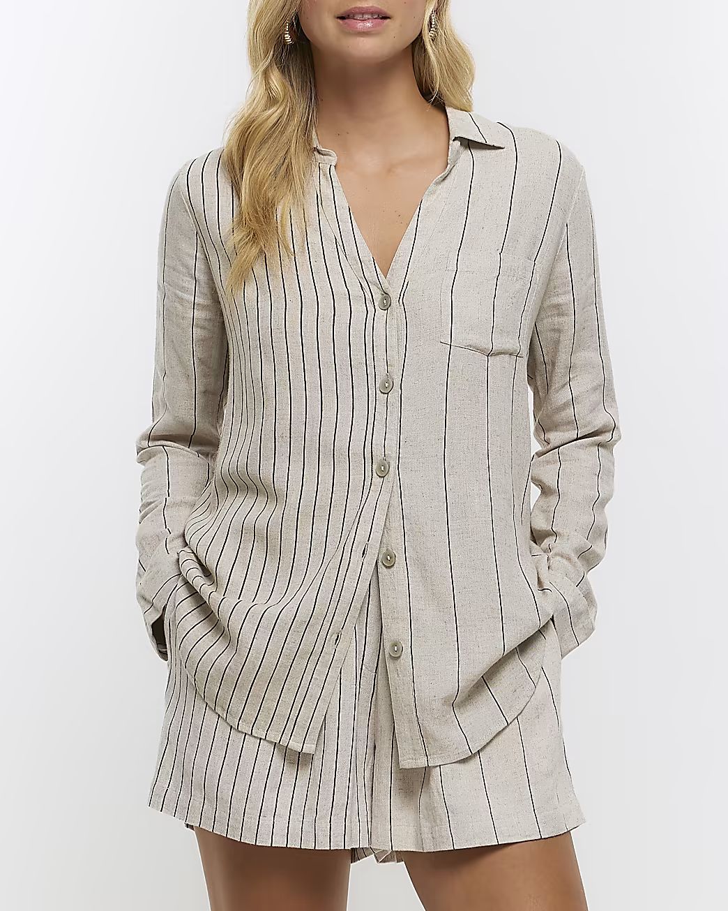 Stone stripe long sleeve shirt with linen | River Island (US)
