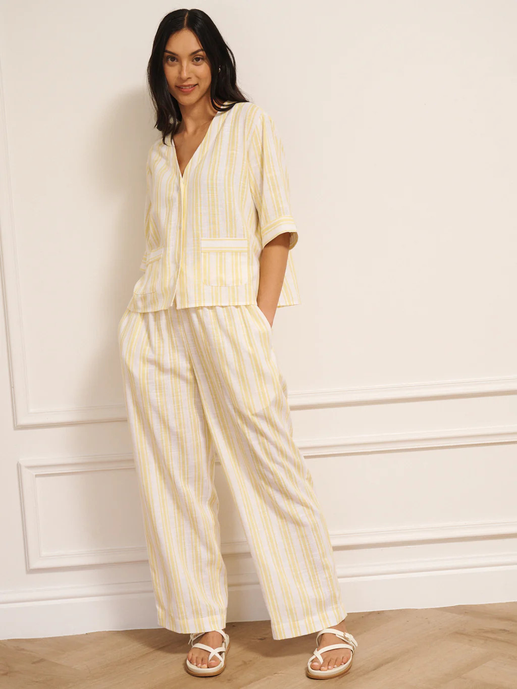 Womens Buttermilk Yellow Stripe Linen Blend Boxy Top And Trouser Coordinates | Their Nibs UK