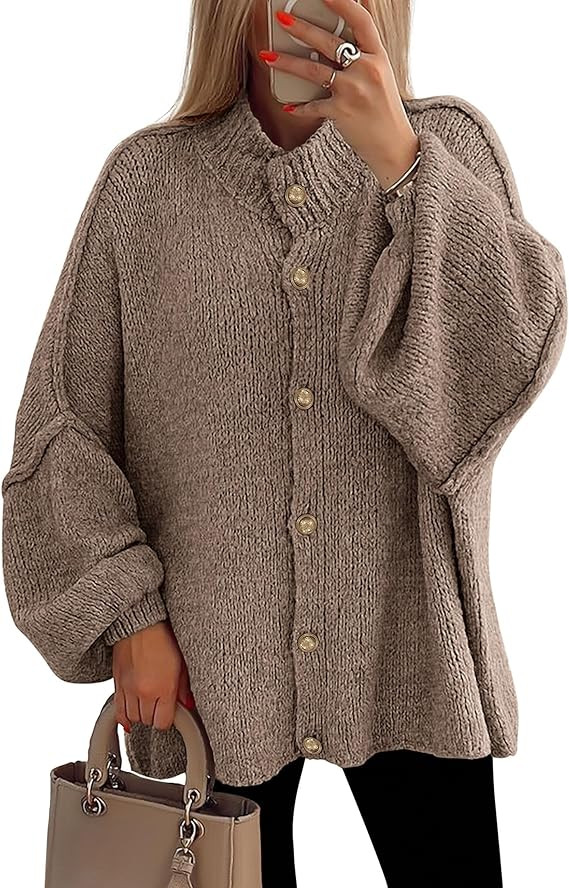 PRETTYGARDEN Women's Winter Button Down Cardigan Sweaters Mock Neck Lantern Long Sleeve Chunky Kn... | Amazon (US)