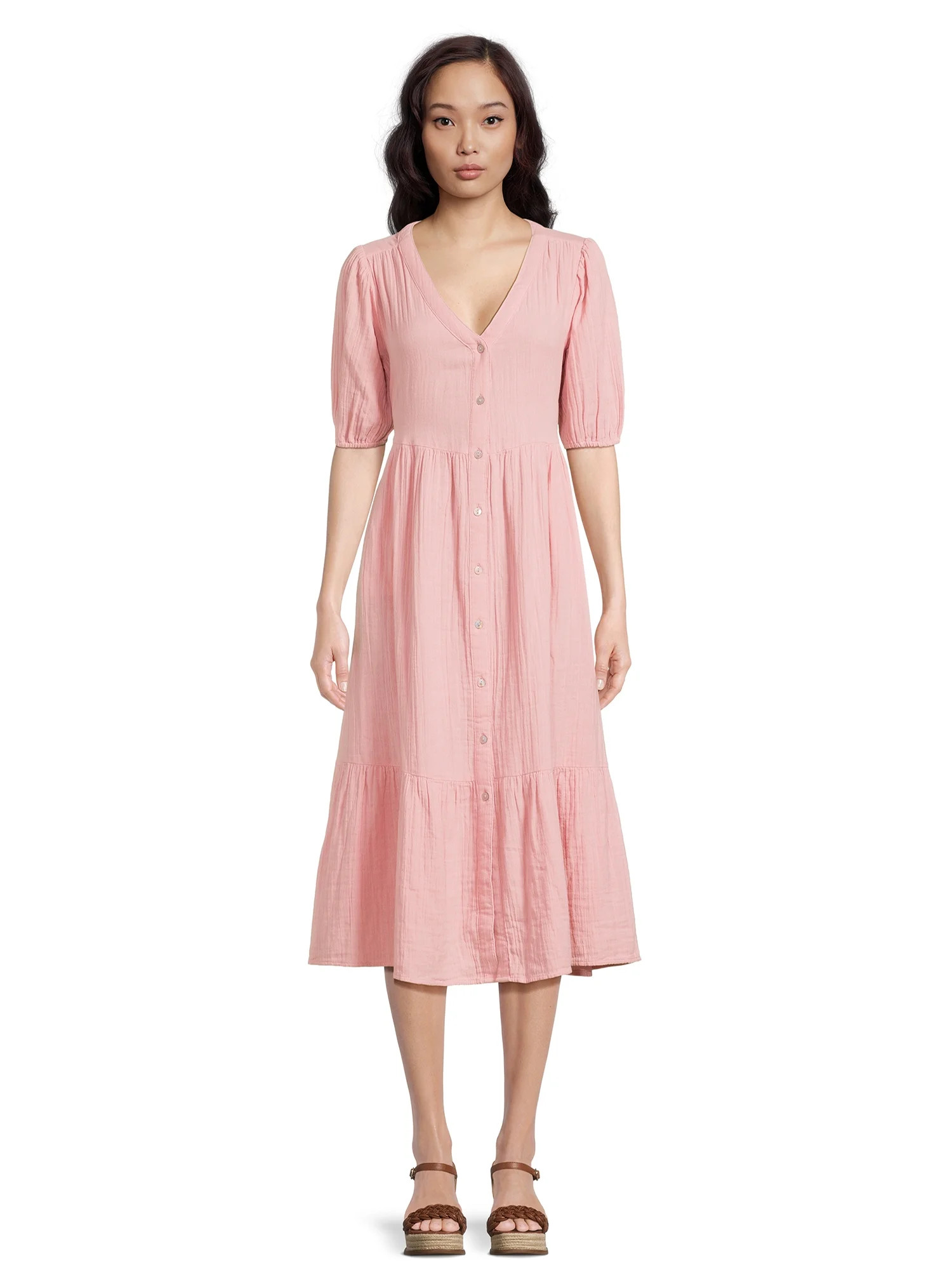 Time and Tru Women’s Tiered Midi Dress with Short Sleeves, Sizes XS-XXXL | Walmart (US)