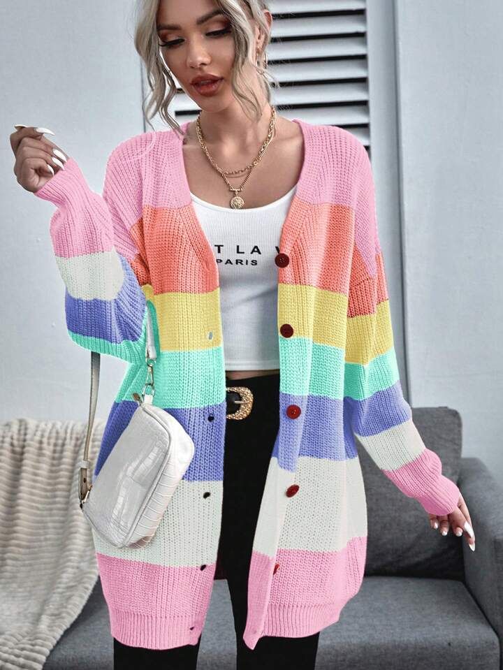 SHEIN Essnce Rainbow Stripe Long Sleeve Cardigan | SHEIN